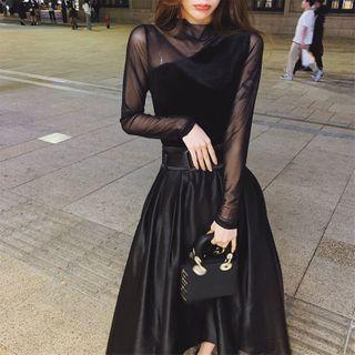 Long-sleeve Mesh Panel Top / Midi A-line Skirt