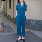 Short Sleeve Double Breasted Crop Baggy Jumpsuit