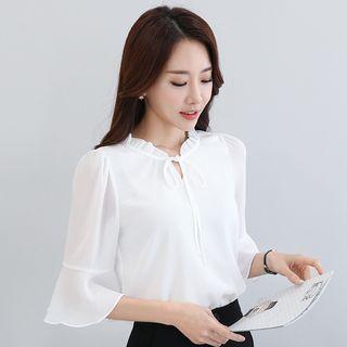 Frilled Neck Bell-sleeve Chiffon Blouse