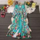 Long-sleeve Floral Button-up Maxi A-line Dress