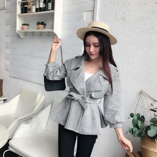 Plaid 3/4-sleeve Jacket With Sash