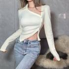 Long Sleeve Irregular-neckline Slit Crop Cardigan