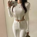 Ribbed Knit Side-slit Cropped Sweater