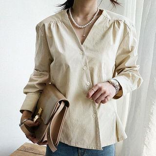 V-neck Shirred Diagonal-button Shirt