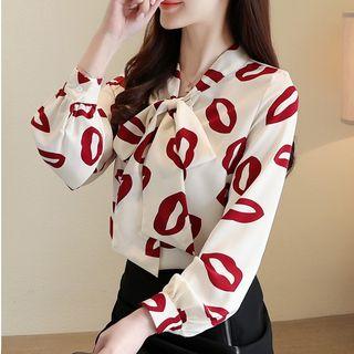 Lips Print Tie-neck Blouse