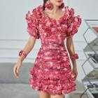 Short-sleeve Print Ruffle Tiered Mini A-line Dress
