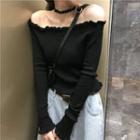 Long-sleeve Off-shoulder Knit Top Black - One Size