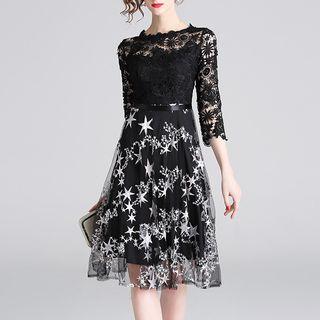3/4-sleeve Embroidered Mesh A-line Dress