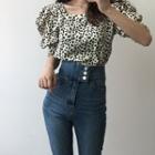 Print Puff-sleeve Square Neck Blouse