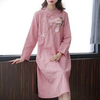 Embroidered Mandarin Collar A-line Midi Dress