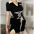Contrast Collar Lace-up Mini Bodycon Dress