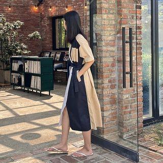 Color-block Long Shirtdress With Sash