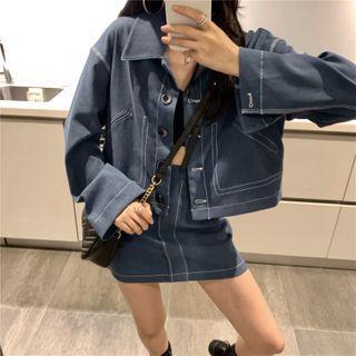 Set: Contrast Stitching Cropped Jacket + Mini A-line Skirt