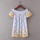 Short-sleeve Off-shoulder Embroidery A-line Dress