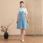 Short-sleeve Indigo Dyed Mandarin Collar A-line Dress