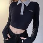 Long Sleeve Contrast-trim Lettering Polo Crop Top