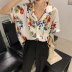 Short-sleeve Flower Print Blouse As Figure - One Size