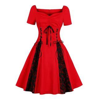 Lace-up Pleated A-line Dress
