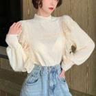 Puff-sleeve Mock-neck Blouse Almond - One Size