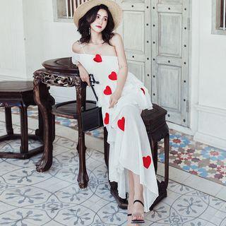 Heart Embroidered One Shoulder Midi Layered Dress