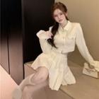 Long-sleeve Crop Shirt / Pleated Mini A-line Skirt