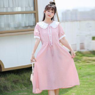 Short-sleeve Wide Collar Gingham Check Midi A-line Dress