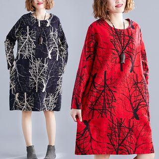 Tree Print Long-sleeve A-line Dress