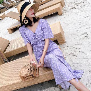 Short-sleeve Patterned Frill Trim A-line Midi Dress