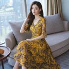 V-neck Flower Print Midi Short-sleeve A-line Dress