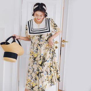 Short-sleeve Collared Floral Print Midi A-line Dress