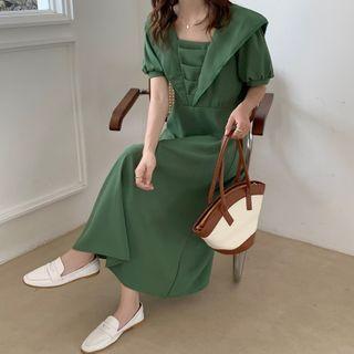 Puff-sleeve Layered Maxi Dress Green - One Size