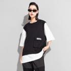 Elbow-sleeve Two-tone Pocketed T-shirt Black - One Size