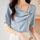Elbow-sleeve Skew Neck Twisted Top