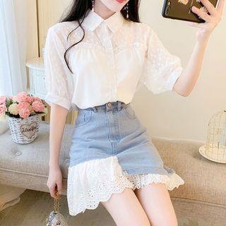 Dotted Mesh Elbow-sleeve Blouse / Mini A-line Denim Skirt / Set