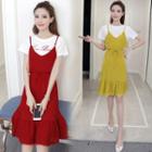 Set: Lettering Short Sleeve T-shirt + Plain Spaghetti Strap Dress
