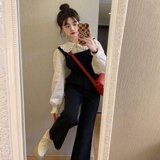 Puff-sleeve Ruffled Blouse / Wide Leg Jumper Pants
