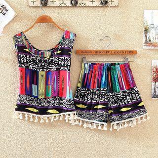 Set: Tasseled Printed Tank Top + Shorts