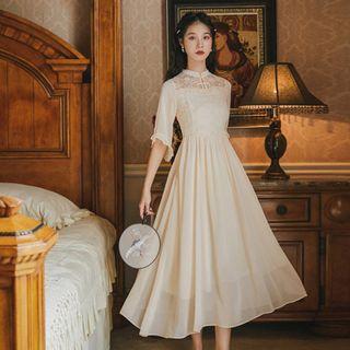 Elbow-sleeve Lace Panel Frill Trim Midi A-line Dress