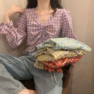 Long-sleeve Checked Drawcord Chiffon Blouse