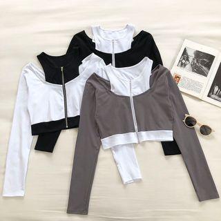 Mock Two-piece Off-shoulder Zipper Long-sleeve Top