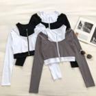 Mock Two-piece Off-shoulder Zipper Long-sleeve Top