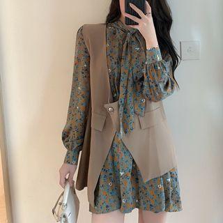 Plain Asymmetrical Vest / Long-sleeve Floral Mini Dress