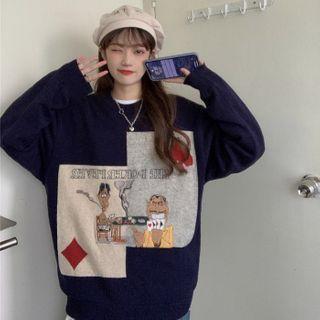 Cartoon Print Sweater Dark Blue - One Size