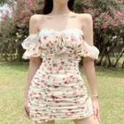 Off-shoulder Lace Trim Ruched Floral Mini Bodycon Dress