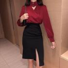 V-neck Blouse / Side Slit Pencil Skirt