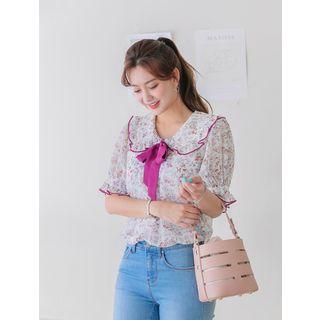 Plus Size Tie-neck Frilled Floral Chiffon Top
