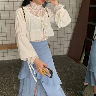Ruffle Slit Midi Skirt / Lace Top / Velvet Top