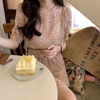 Puff-sleeve Floral Print Top Light Beige - One Size