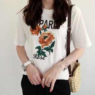 Rose Embroidered Cotton T-shirt