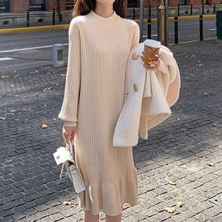 Semi Turtleneck Plain Ruffle Hem Midi Knit Dress